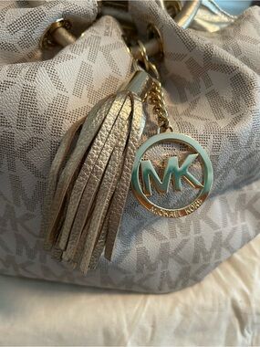 Michael Kors Cream and Gold Logo Tote with Tassel Charm
